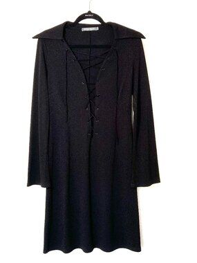 BISOU BISOU Black Lace Up Grommet Plunge Pointed Tip Collar Midi Dress Size L